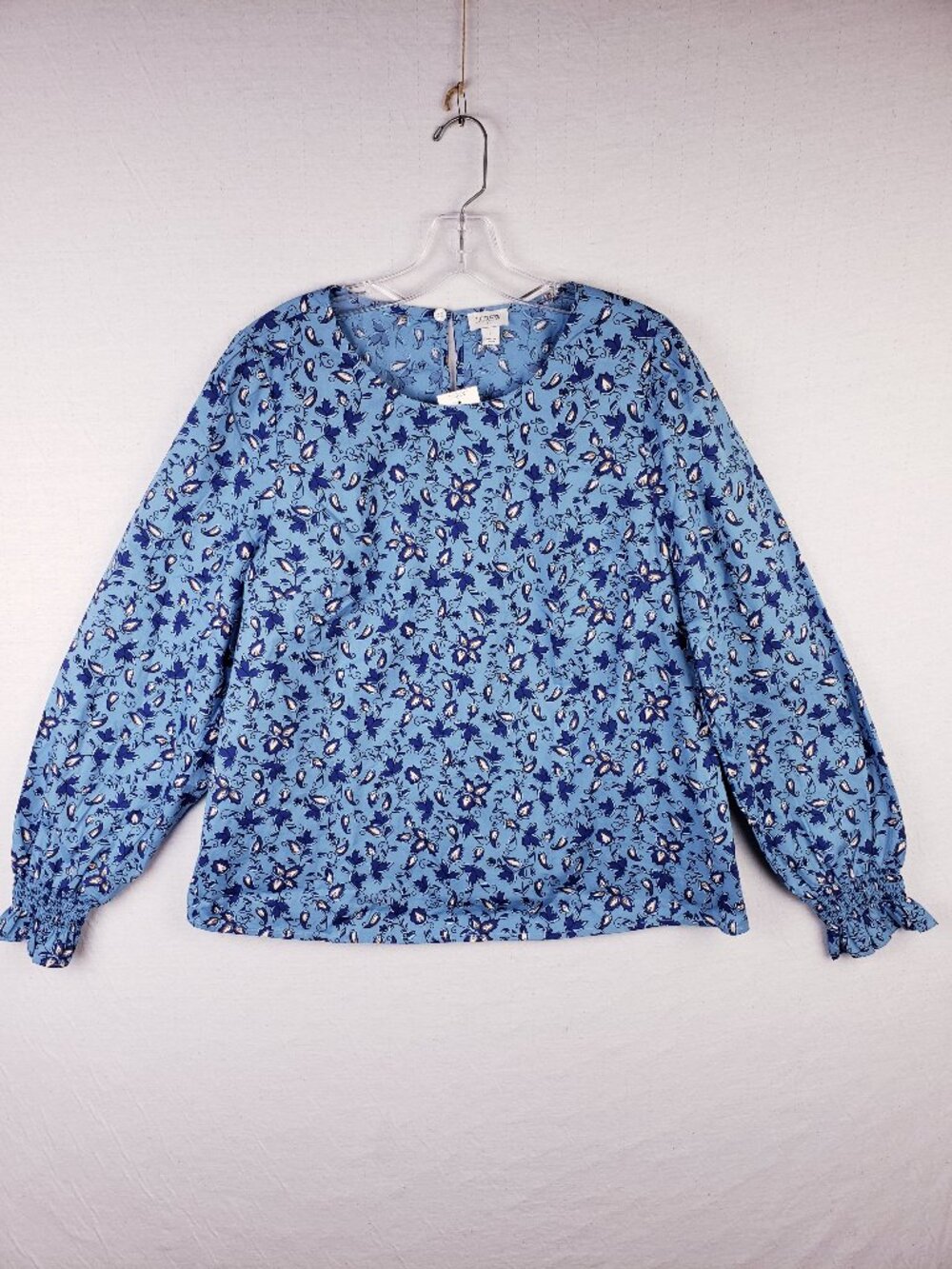 NWT J Crew Blouse Top Long Sleeve Poplin Blue Floral Print Cotton size L Boho